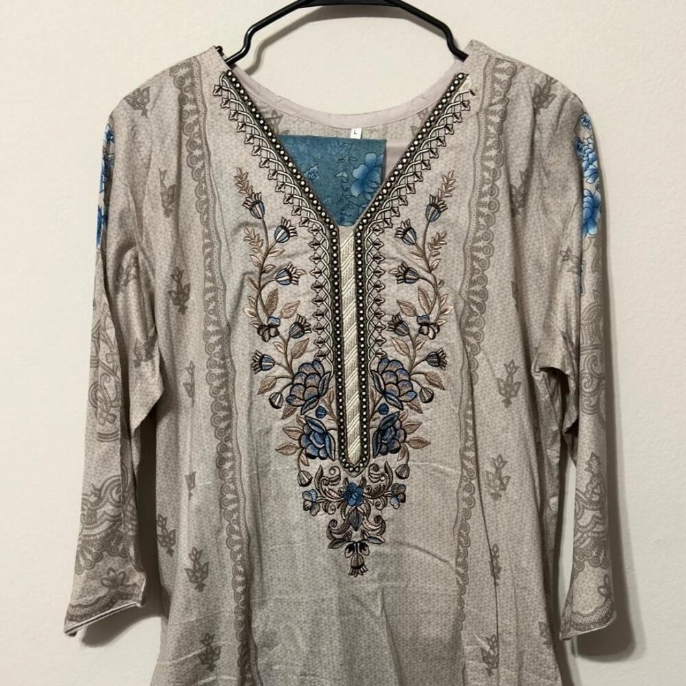 Women's Kurta Long Shirt And Printed Pant Set Light Beige Teal Size XL